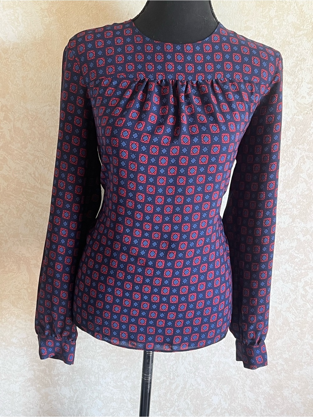 GAP Navy and Red Geometric Long-Sleeve Blouse